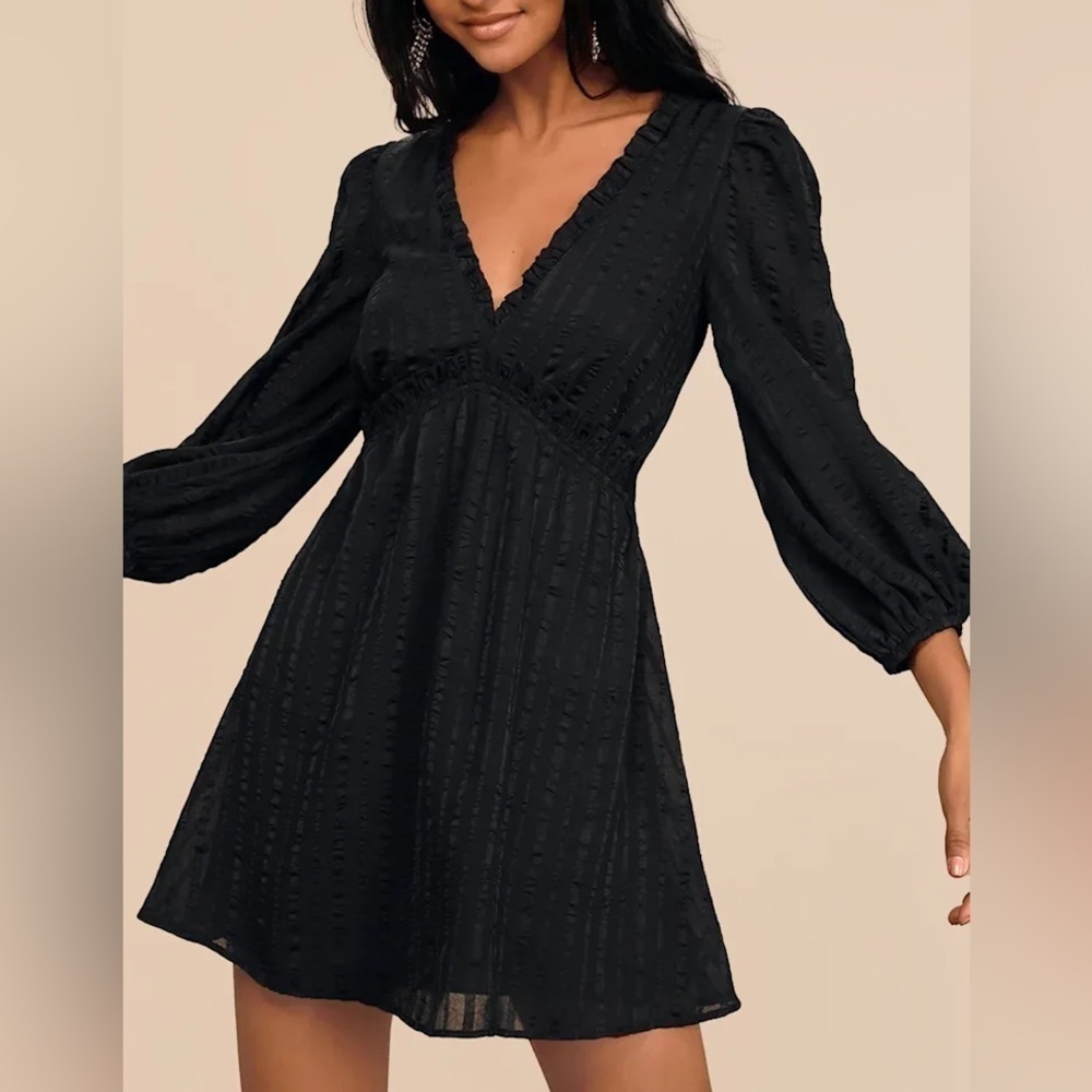 Lulu’s Black Forever In My Heart Striped Balloon Sleeve Mini Dress